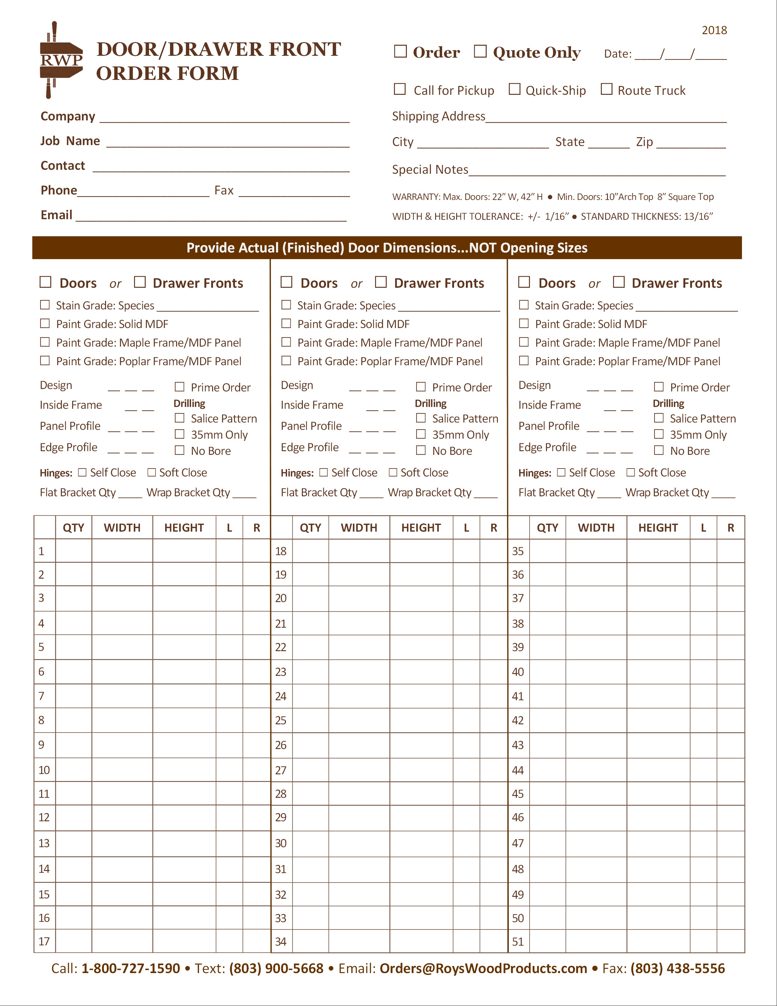 Door Drawer Front Order Form Roy S Wood Products
